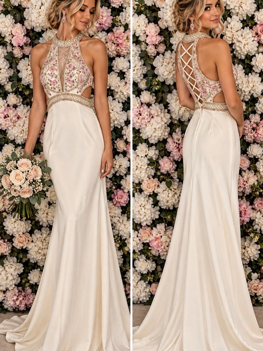 Rachel Allan Ivory Halter Backless Gown with Pink Floral Beading